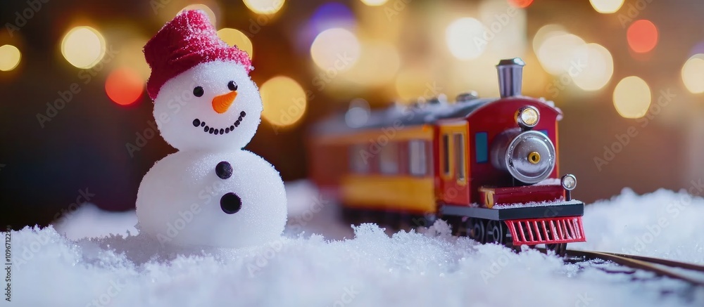 Poster Charming snowman and colorful toy train on artificial snow with festive bokeh lights creating a magical winter atmosphere closeup