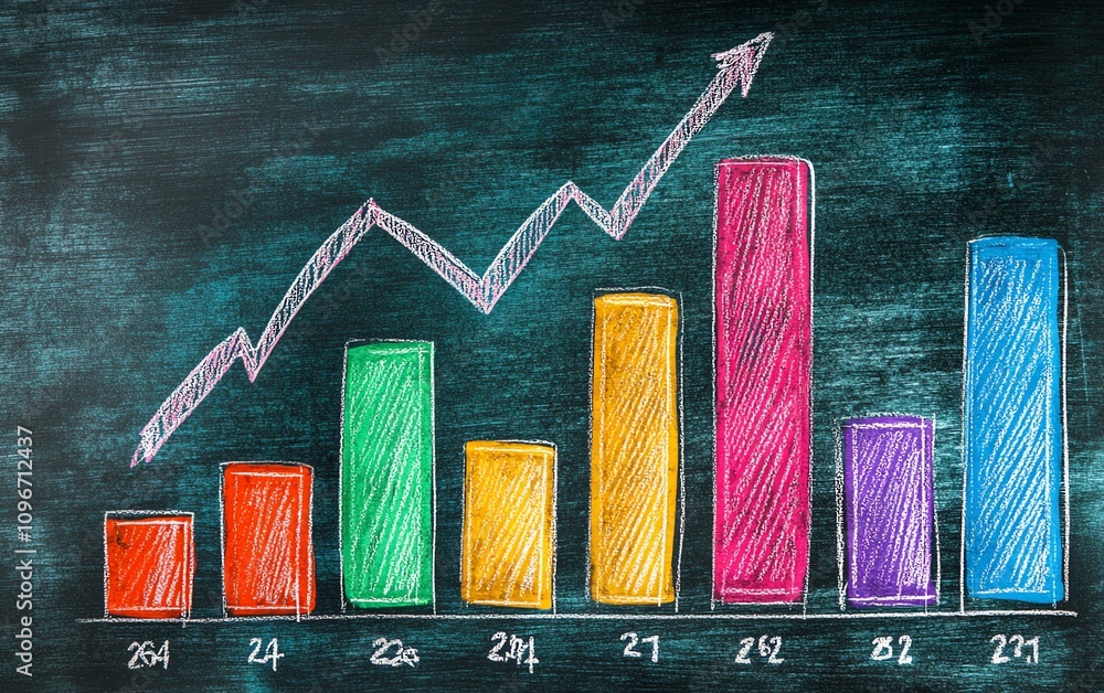 Poster handdrawn colorful bar graph and line chart on a blackboard with chalk, ai generative concept, vibra