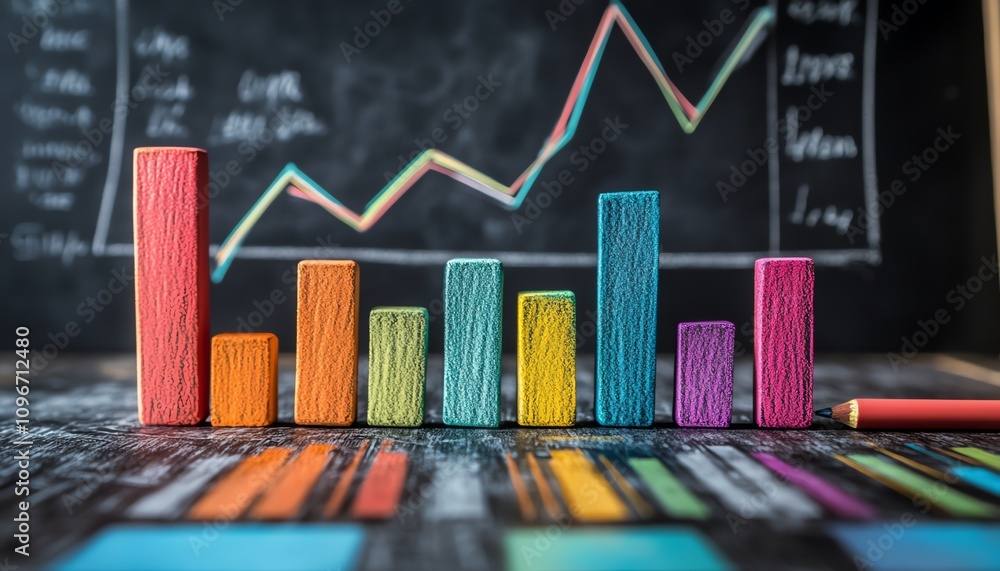 Poster handdrawn colorful bar graph and line chart on a blackboard with chalk, ai generative concept, vibra