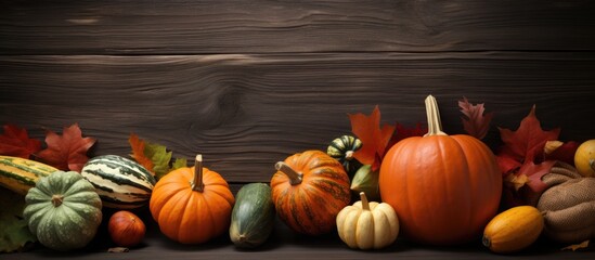 Thanksgiving Banner Seasonal Display of Varied Pumpkins on Dark Wood Background Autumn Harvest Decoration Idea for Holiday Celebrations