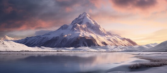 Majestic snow-covered mountain landscape reflecting in a tranquil lagoon during sunset with dramatic clouds in the sky