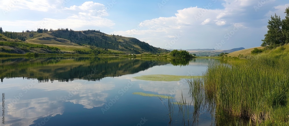 Poster tranquil lake scene with lush greenery and soft clouds reflected on the calm water surface under a c