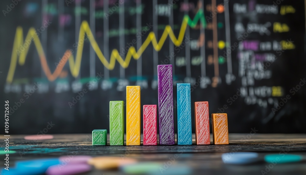 Aufkleber Handdrawn colorful bar graph and line chart on a blackboard with chalk, AI generative concept, vibrant and dynamic data visualization