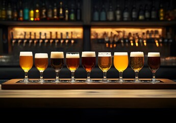 Colorful flight of craft beer in glasses on a wooden board at the bar counter, front view. A variety collection of modern ales and lagers for a taste test or tasting party.