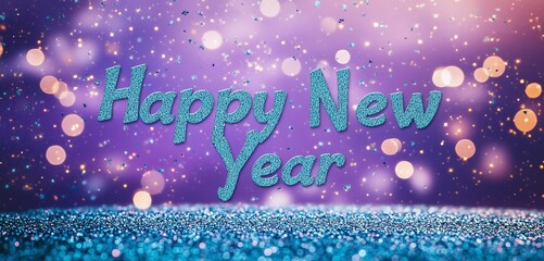 Happy New Year in Turquoise Glitter Dust Floating Against a Deep Purple Sky