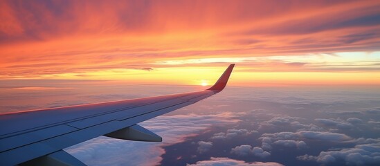 Obraz premium Stunning sunset over clouds viewed from an airplane window highlighting vibrant colors and serene sky atmosphere