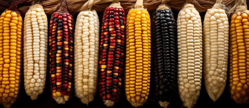 Colorful display of Indian corn varieties arranged in a row with a striped backdrop showcasing agricultural diversity and harvest themes. - Powered by Adobe
