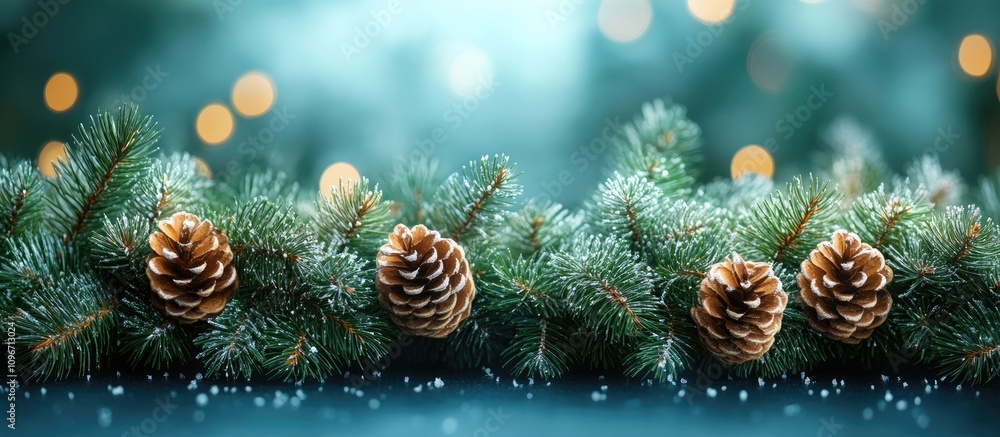 Aufkleber christmas border design with frosted fir branches and pine cones against a soft bokeh background for