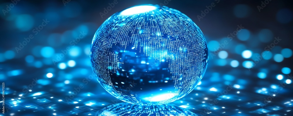 Poster 3D digital globe with binary code and financial graphs, blue background, representing global economy and datadriven insights