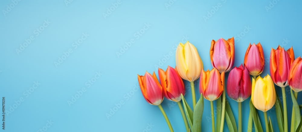 Poster vibrant tulips in various colors arranged on a blue background with ample copy space for spring-them