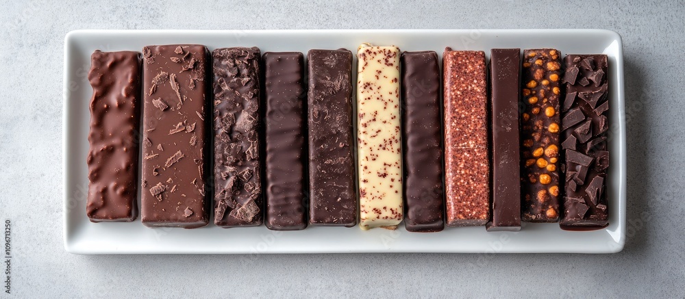 Poster platter of assorted chocolate bars displayed on a grey background in an overhead view showcasing tex