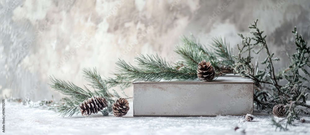 Poster silver box with juniper branches and pine cones arranged on a light winter backdrop creating a seren
