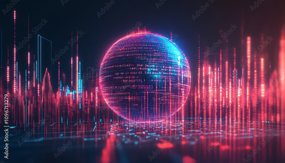 Poster 3D digital globe with glowing binary code and financial graphs, blue background, global data analytics and financial trends