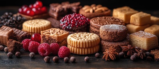 Fototapeta premium A colorful assortment of seasonal biscuits and sweets elegantly arranged on a dark wooden table with fresh berries and spices