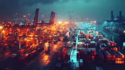 Fototapeta premium A vibrant, illuminated cargo port at night, showcasing shipping containers and cranes.