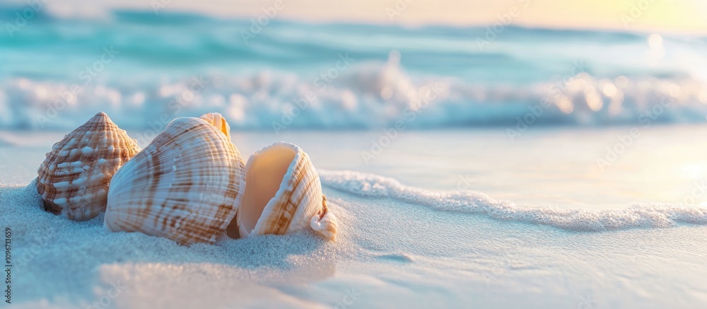 Poster closeup of various seashells resting on soft white sand along a serene beach with gentle ocean waves
