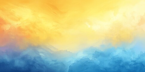 Abstract Watercolor Landscape with Blue Sky, White Clouds, Green Field and Sunlight for Summer Spring Nature Background