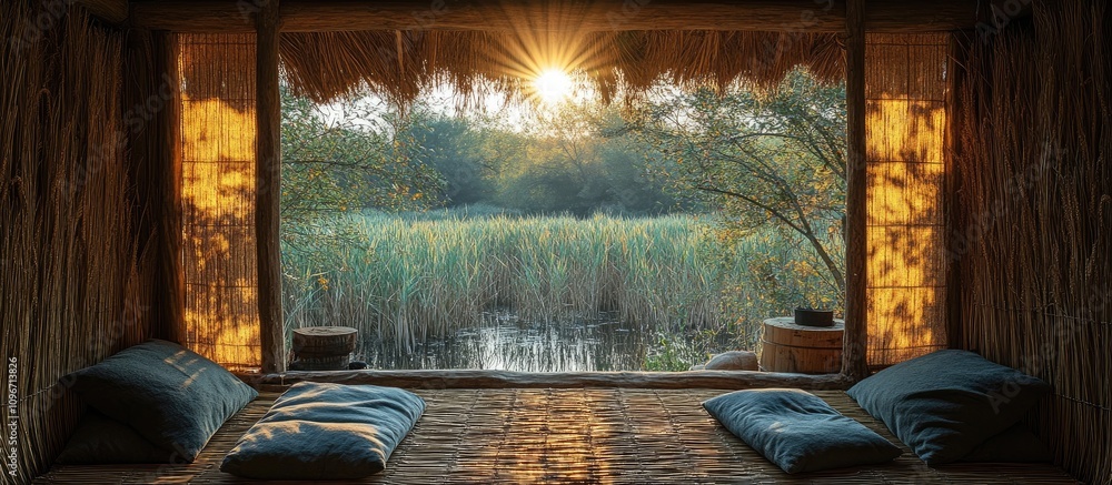 Poster Serene view from a rustic shelter showcasing sunlight filtering through reeds with tranquil water and lush greenery beyond the window.