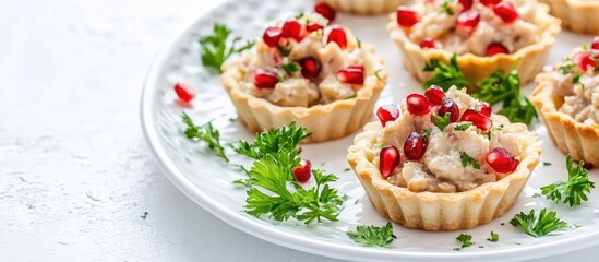 Seafood p&Atilde;&cent;t&Atilde;&copy; tartlets garnished with pomegranate and parsley served on a white plate ideal for festive appetizer occasions