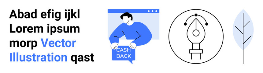 Person holding Cash Back sign, pen tool icon, and stylized leaf. Ideal for marketing, finance, education, technology, web design, creative industries, eco-friendly campaigns. Landing page