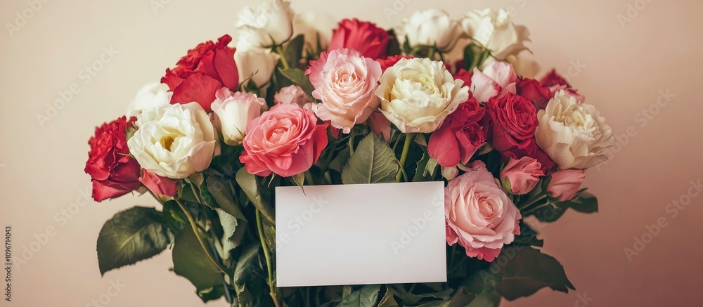 Poster bouquet of vibrant roses with an empty card on a soft decorative background for personalized message