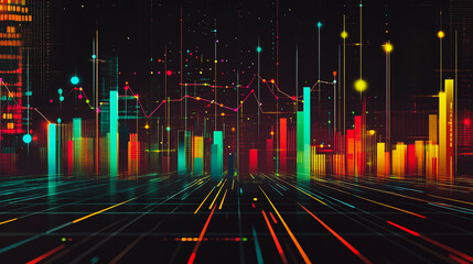 Abstract black background with Colorful charts and graphs with statistics to innovative analyze business potential and forecast future development of companies growth.