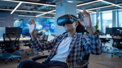 Man in VR headset working in modern office, future technology concept, use of advanced technologies, virtual reality glasses