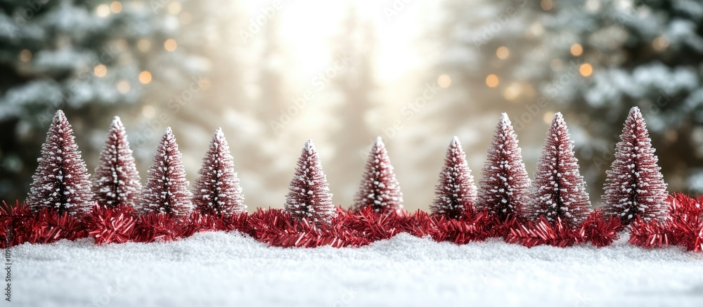 Poster miniature christmas trees adorned with shiny red tinsel create a festive backdrop for postcards and 