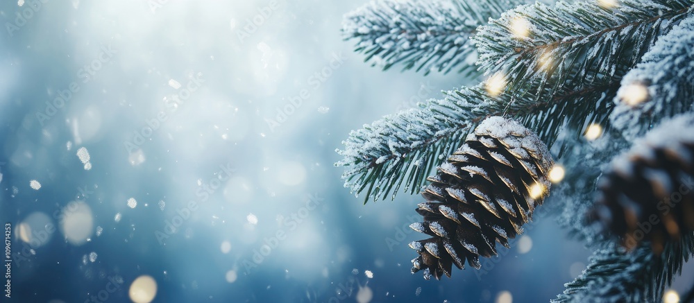 Poster snow-covered christmas tree branch with pine cones and glistening bokeh background creating a festiv