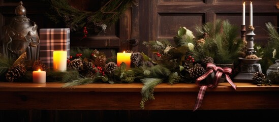 Festive Christmas arrangement with fir branches gifts candles and decorations on a rustic wooden table for holiday celebrations