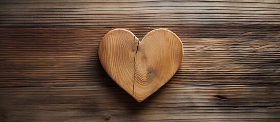 Wooden heart cutout on rustic wooden board showcasing natural grain and texture for romantic or handcrafted themes.