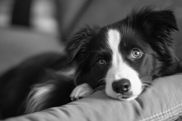A black and white dog is lying on a couch, looking relaxed