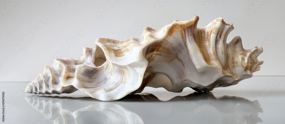 Poster conch shell displayed elegantly on a reflective surface with soft natural lighting