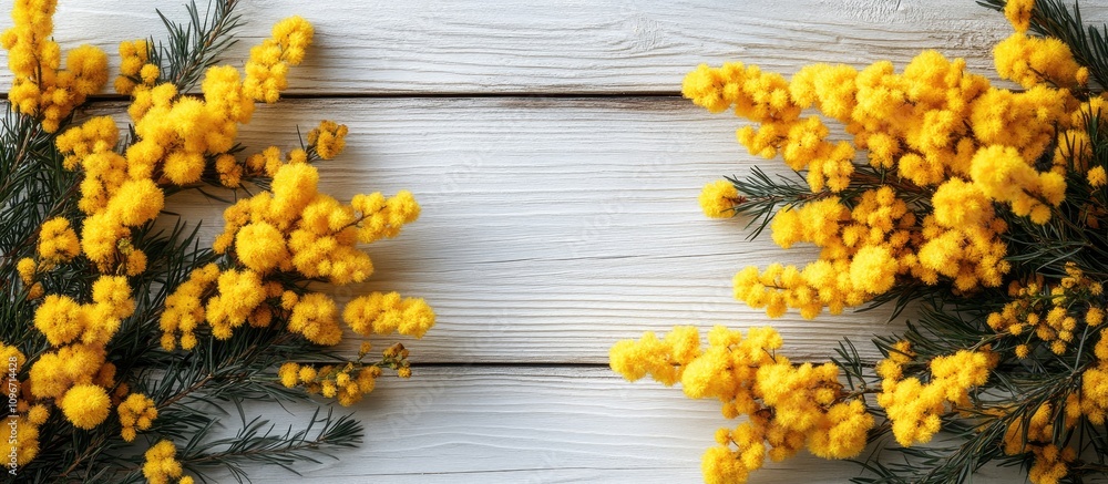 Poster mimosa flowers on white wooden background perfect for spring greeting card design with space for tex