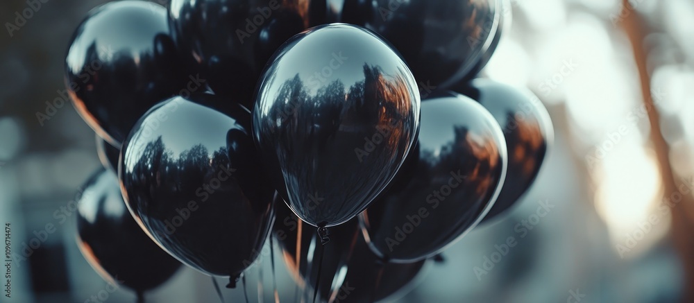 Poster Black balloons floating gracefully with a blurred background creating an elegant and atmospheric setting for various occasions.