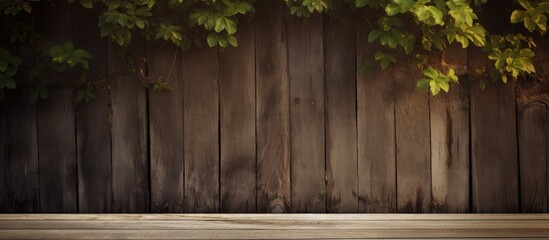 Fototapeta premium Rustic wooden backdrop adorned with green foliage creating a natural and warm ambiance for photography or design projects.