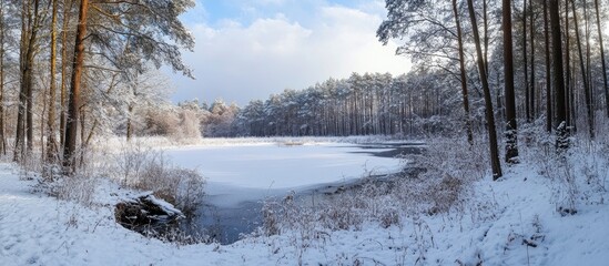 Serene winter landscape with snowy trees and frozen lake under a clear blue sky in a tranquil forest setting