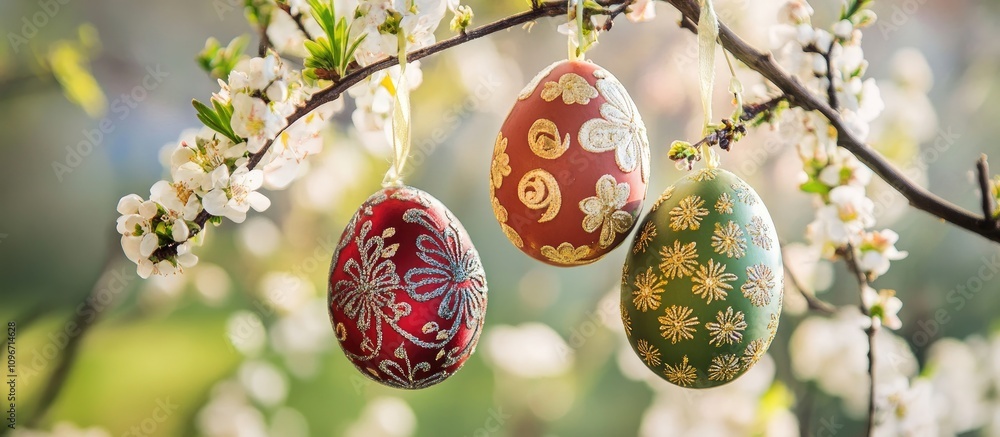 Aufkleber easter eggs adorned with intricate patterns hanging from blossoming branches in a festive spring set