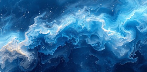 Obraz premium Abstract Blue Watercolor Background Ocean Waves Sky Turquoise Alcohol Ink Texture Calm Water Underwater Blurry Aqua Copy Space Clouds Cartoon Illustration Vacation Travel Wavy Banner