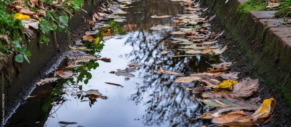 Poster Autumn leaves floating on still water in a channel surrounded by greenery and reflections of trees in a serene urban setting