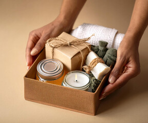 A dark-skinned woman holds a gift box containing eco-friendly items: a candle, essential oil, a towel, and a sponge. The box represents care for the environment and a commitment to sustainable living.