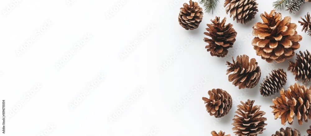 Poster minimalistic pine cone wreath on white background with space for text aerial view of decorative natu