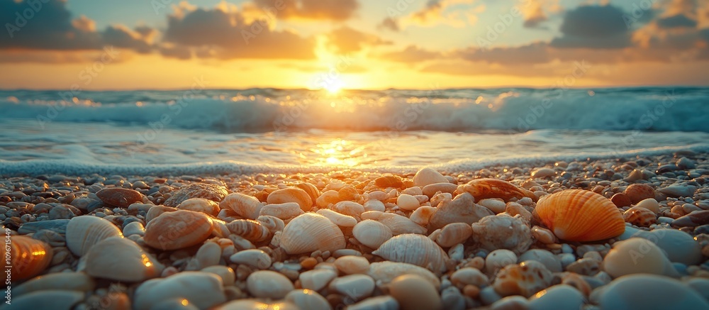 Poster scenic beach at sunset with colorful seashells and gentle waves creating a tranquil coastal atmosphe