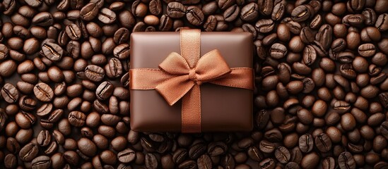 Gift box amid rich coffee beans creating a warm and inviting atmosphere for promotions related to coffee or gift giving.