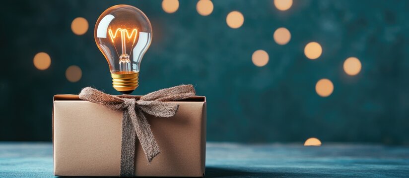 Glowing light bulb emerging from a gift box symbolizing creativity and innovative gift ideas on a serene background with bokeh lights.