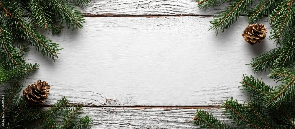 Aufkleber wooden background with evergreen branches and pinecones creating an elegant festive card with ample 