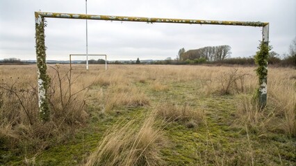 Obraz premium Weathered football field with overgrown grass and moss-covered goalposts, old stadium, decay, faded turf, greenery overgrowth