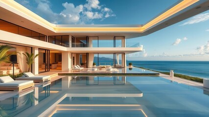 Fototapeta premium Luxurious modern beachfront villa with stunning ocean views and sleek architectural design, sleek, ocean views