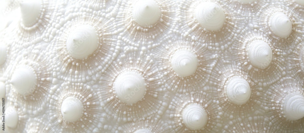Poster white sea urchin shell close-up showcasing intricate textured patterns and decorative elements in na