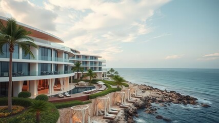 Obraz premium Luxurious resort nestled on the picturesque oceanfront featuring stunning modern architecture, palm trees, travel